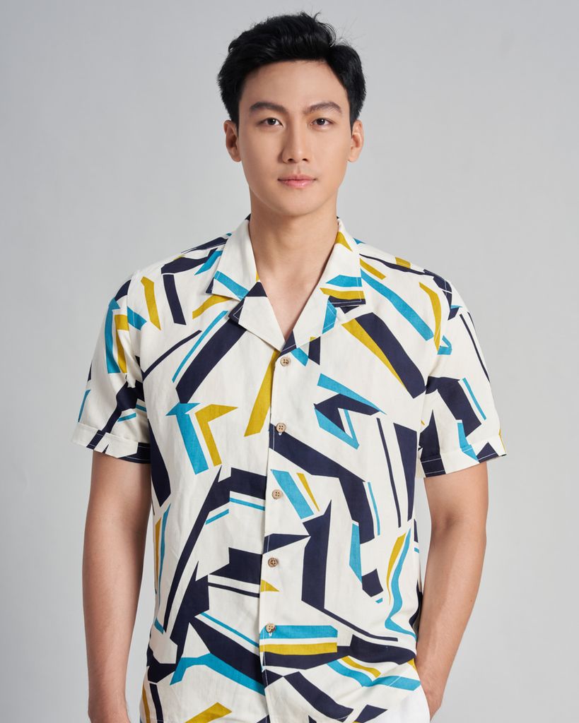 Áo Sơ Mi Nam F2 Linen Kem Hoạ Tiết Holidays Vibes