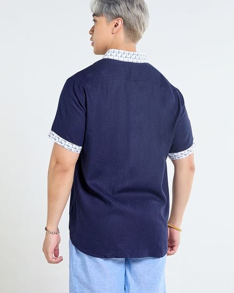 Áo Sơ Mi Nam F2 Linen  Xanh Đen Phối Họa Tiết Ngắn Tay Tender Drit