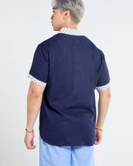 Áo Sơ Mi Nam F2 Linen  Xanh Đen Phối Họa Tiết Ngắn Tay Tender Drit