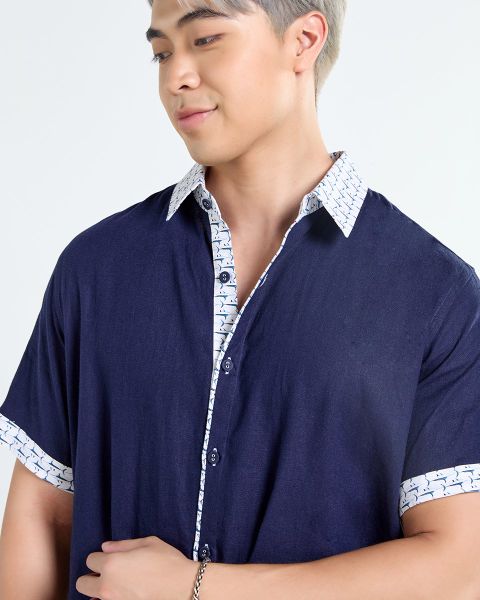 Áo Sơ Mi Nam F2 Linen  Xanh Đen Phối Họa Tiết Ngắn Tay Tender Drit
