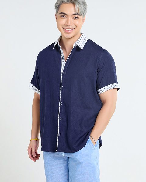 Áo Sơ Mi Nam F2 Linen  Xanh Đen Phối Họa Tiết Ngắn Tay Tender Drit