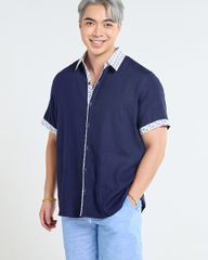 Áo Sơ Mi Nam F2 Linen  Xanh Đen Phối Họa Tiết Ngắn Tay Tender Drit