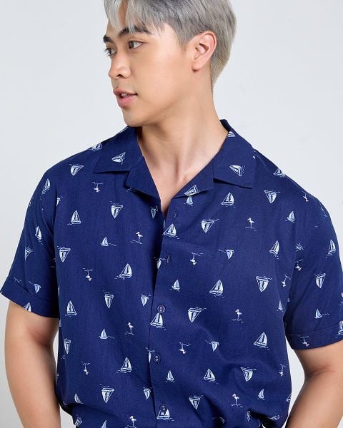 Áo Sơ Mi Nam F2 Linen Xanh Đen Thuyền Tay Ngắn Tender Drit