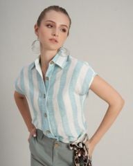 Áo Sơ Mi Linen Nữ F2 Trắng Sọc Xanh Hello New Day