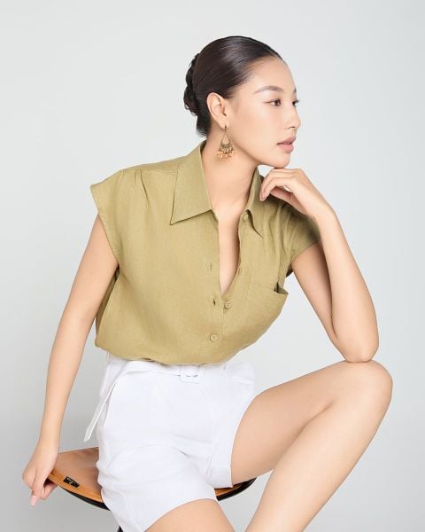 Áo Sơ Mi Nữ F2 Linen Xanh Lá Mạ A Touch Of Effortless Elegance