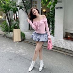 Áo Thun Nữ DOTTIE Dài Tay Nhún Ngực - Hồng - T1049