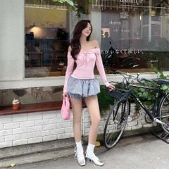 Áo Thun Nữ DOTTIE Dài Tay Nhún Ngực - Hồng - T1049