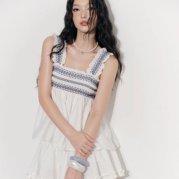 Áo Kiểu Nữ DOTTIE Chạy Smocking Trang Trí - Trắng - T1079