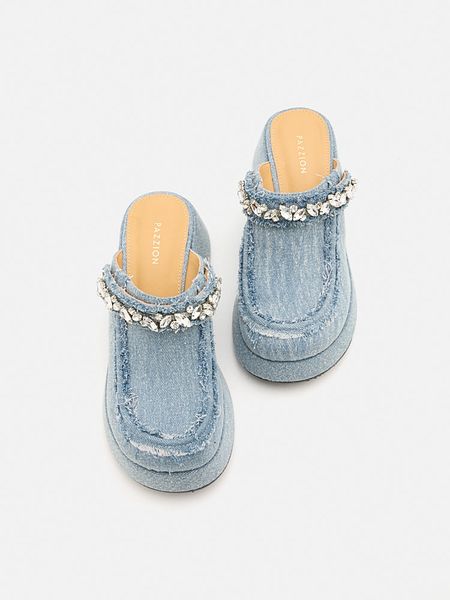 Giày Mules Nữ Pazzion Tara Diamante Denim Platform