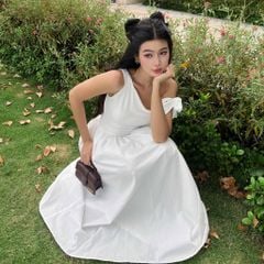 Đầm Nữ DOTTIE Midi Lệch Vai Phối Vải Poplin - D0679