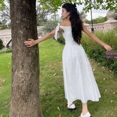 Đầm Nữ DOTTIE Midi Lệch Vai Phối Vải Poplin - D0679