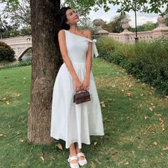 Đầm Nữ DOTTIE Midi Lệch Vai Phối Vải Poplin - D0679