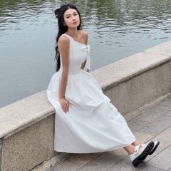Đầm Nữ DOTTIE Midi Lệch Vai Phối Vải Poplin - D0679