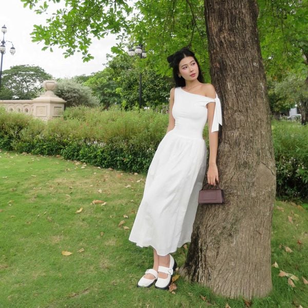 Đầm Nữ DOTTIE Midi Lệch Vai Phối Vải Poplin - D0679