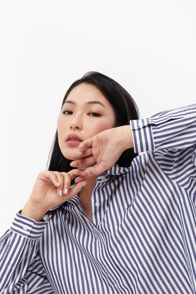 Áo Sơ Mi Nữ TheBlueTshirt Cropped Shirt - Blue Navy Stripe