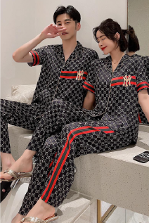 Đồ bộ ngủ Pyjama lụa tơ tằm tay ngắn quần dài couple CND4