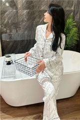 Đồ bộ ngủ nữ pyjama lụa vân xước Shury Store Home Wear TD08 tay dài quần dài màu trắng mặc nhà,mặc ngủ size 45-75kg