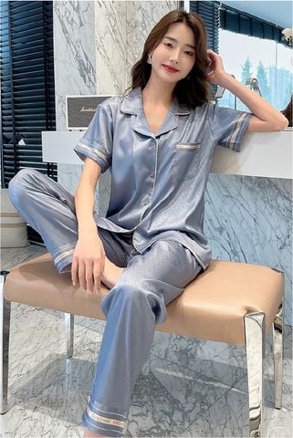 Đồ ngủ pyjama nam nữ Shury Store Home Wear CND21 size 45-95kg màu xanh tay ngắn quần dài bộ đôi couple chất lụa xước mềm
