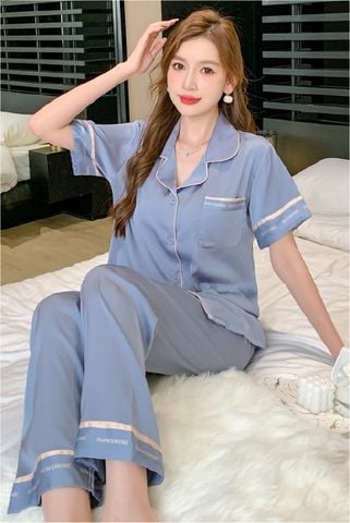 Đồ ngủ pyjama nam nữ Shury Store Home Wear CND20 size 45-95kg màu xanh tay ngắn quần dài bộ đôi couple chất lụa băng mềm