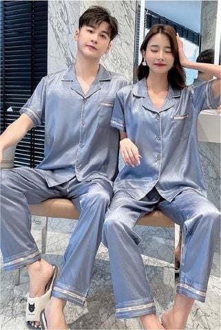 Đồ ngủ pyjama nam nữ Shury Store Home Wear CND21 size 45-95kg màu xanh tay ngắn quần dài bộ đôi couple chất lụa xước mềm