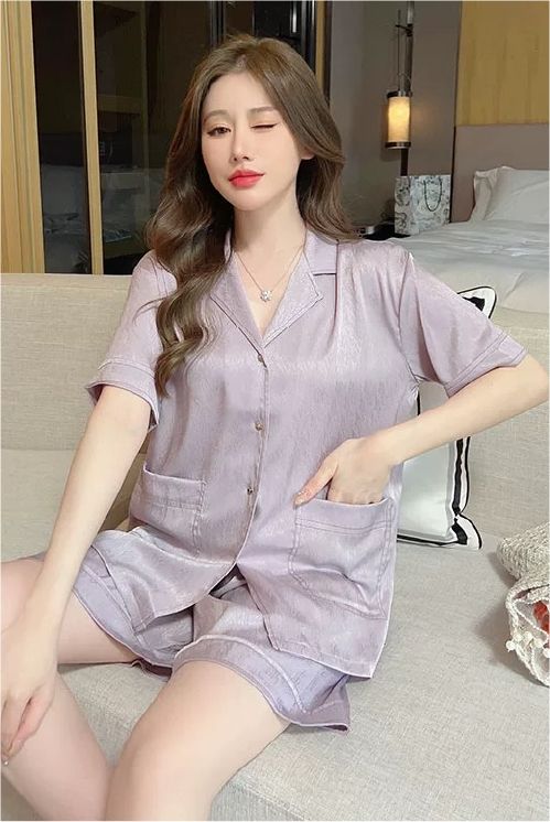 Đồ bộ ngủ nữ Pyjama lụa xước Shury Store Home Wear tay ngắn quần ngắn NT08 mặc nhà kiểu dáng tay cộc size 45-75 kg