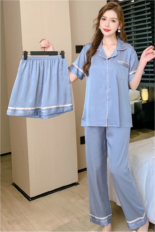 Đồ ngủ pyjama nam nữ Shury Store Home Wear CND20 size 45-95kg màu xanh tay ngắn quần dài bộ đôi couple chất lụa băng mềm