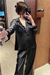 Đồ bộ ngủ nữ pyjama lụa băng trơn Shury Store Home Wear TD21 tay dài quần dài màu đen hồng mặc nhà,mặc ngủ size 45-75kg