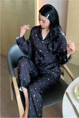 Đồ bộ ngủ nữ pyjama lụa vân xước Shury Store Home Wear TD13 tay dài quần dài màu trắng ,đen mặc nhà,mặc ngủ size 45-75kg