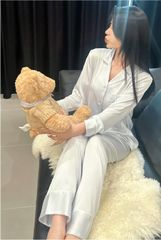 Đồ bộ ngủ nữ pyjama lụa băng trơn Shury Store Home Wear TD39 tay dài quần dài màu xanh xanh mặc nhà,mặc ngủ size 45-75kg