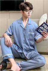 Đồ ngủ pyjama nam nữ Shury Store Home Wear CND20 size 45-95kg màu xanh tay ngắn quần dài bộ đôi couple chất lụa băng mềm