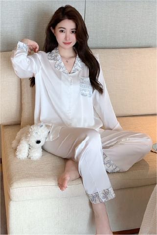 Đồ bộ ngủ nữ pyjama lụa băng trơn Shury Store Home Wear TD65 tay dài quần dài màu trắng  mặc nhà,mặc ngủ size 45-75kg