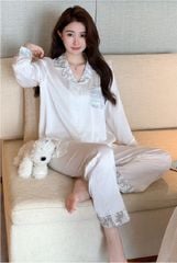 Đồ bộ ngủ nữ pyjama lụa băng trơn Shury Store Home Wear TD65 tay dài quần dài màu trắng  mặc nhà,mặc ngủ size 45-75kg