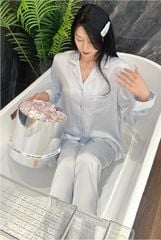 Đồ bộ ngủ nữ pyjama lụa băng trơn Shury Store Home Wear TD39 tay dài quần dài màu xanh xanh mặc nhà,mặc ngủ size 45-75kg