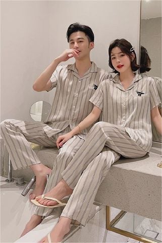 Đồ bộ ngủ Pyjama lụa tơ tằm tay ngắn quần dài couple CND11