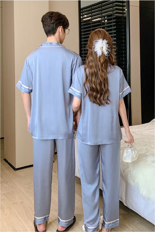 Đồ ngủ pyjama nam nữ Shury Store Home Wear CND20 size 45-95kg màu xanh tay ngắn quần dài bộ đôi couple chất lụa băng mềm