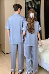 Đồ ngủ pyjama nam nữ Shury Store Home Wear CND20 size 45-95kg màu xanh tay ngắn quần dài bộ đôi couple chất lụa băng mềm