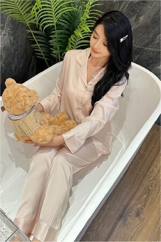 Đồ bộ ngủ nữ pyjama lụa băng trơn Shury Store Home Wear TD42 tay dài quần dài màu  hồng mặc nhà,mặc ngủ size 45-75kg