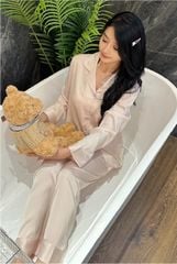 Đồ bộ ngủ nữ pyjama lụa băng trơn Shury Store Home Wear TD42 tay dài quần dài màu  hồng mặc nhà,mặc ngủ size 45-75kg