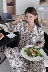 Đồ bộ ngủ nữ pyjama lụa băng trơn Shury Store Home Wear TD35 tay dài quần dài màu trắng  mặc nhà,mặc ngủ size 45-75kg