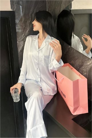 Đồ bộ ngủ nữ pyjama lụa băng trơn Shury Store Home Wear TD39 tay dài quần dài màu xanh xanh mặc nhà,mặc ngủ size 45-75kg