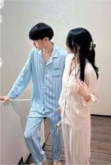 Đồ ngủ pyjama nam nữ Shury Store Home Wear DD71 size 45-95kg màu xanh tay dài quần dài  bộ đôi couple chất lụa băng mềm