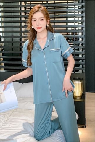 Đồ ngủ pyjama nam nữ Shury Store Home Wear CND19 size 45-95kg màu xanh tay ngắn quần dài bộ đôi couple chất lụa băng mềm
