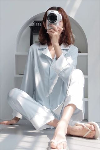 Đồ bộ ngủ nữ pyjama lụa băng trơn Shury Store Home Wear TD52 tay dài quần dài màu xanh mặc nhà,mặc ngủ size 45-75kg