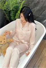 Đồ bộ ngủ nữ pyjama lụa băng trơn Shury Store Home Wear TD42 tay dài quần dài màu  hồng mặc nhà,mặc ngủ size 45-75kg
