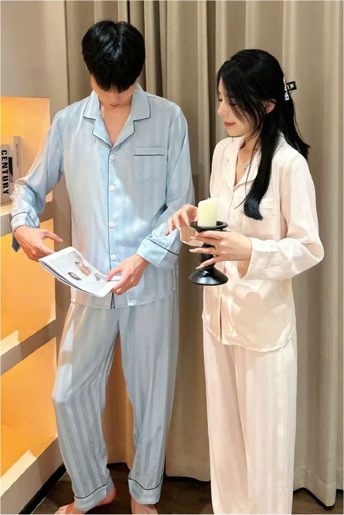 Đồ ngủ pyjama nam nữ Shury Store Home Wear DD71 size 45-95kg màu xanh tay dài quần dài  bộ đôi couple chất lụa băng mềm
