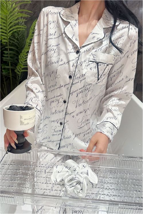 Đồ bộ ngủ nữ pyjama lụa vân xước Shury Store Home Wear TD08 tay dài quần dài màu trắng mặc nhà,mặc ngủ size 45-75kg