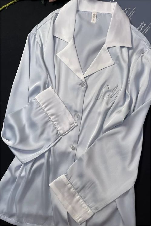 Đồ bộ ngủ nữ pyjama lụa băng trơn Shury Store Home Wear TD52 tay dài quần dài màu xanh mặc nhà,mặc ngủ size 45-75kg
