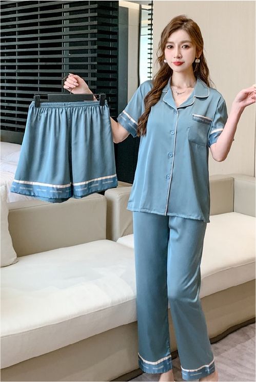 Đồ ngủ pyjama nam nữ Shury Store Home Wear CND19 size 45-95kg màu xanh tay ngắn quần dài bộ đôi couple chất lụa băng mềm