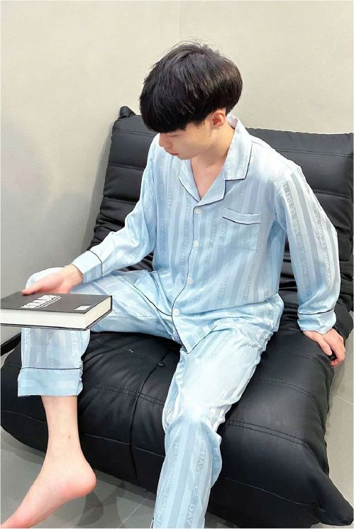 Đồ ngủ pyjama nam nữ Shury Store Home Wear DD71 size 45-95kg màu xanh tay dài quần dài  bộ đôi couple chất lụa băng mềm