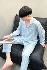Đồ ngủ pyjama nam nữ Shury Store Home Wear DD71 size 45-95kg màu xanh tay dài quần dài  bộ đôi couple chất lụa băng mềm